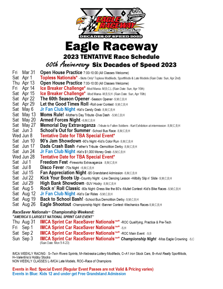 The Tentative 2023 Eagle Raceway Schedule has been released. Eagle